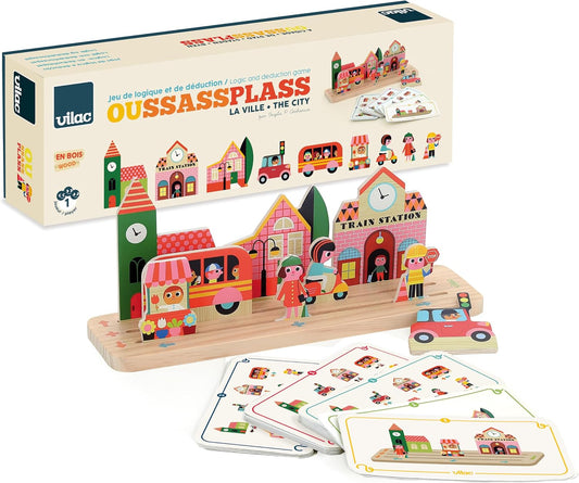 Illustrated wooden building pieces arranged next to colorful challenge cards