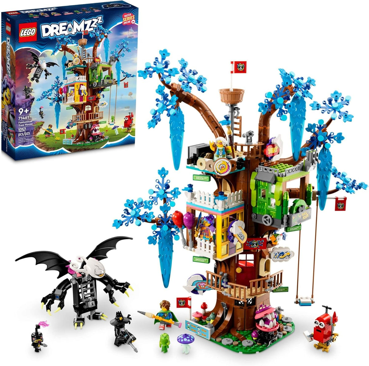 Colorful brick-built tree house with three rooms and figures on the branches