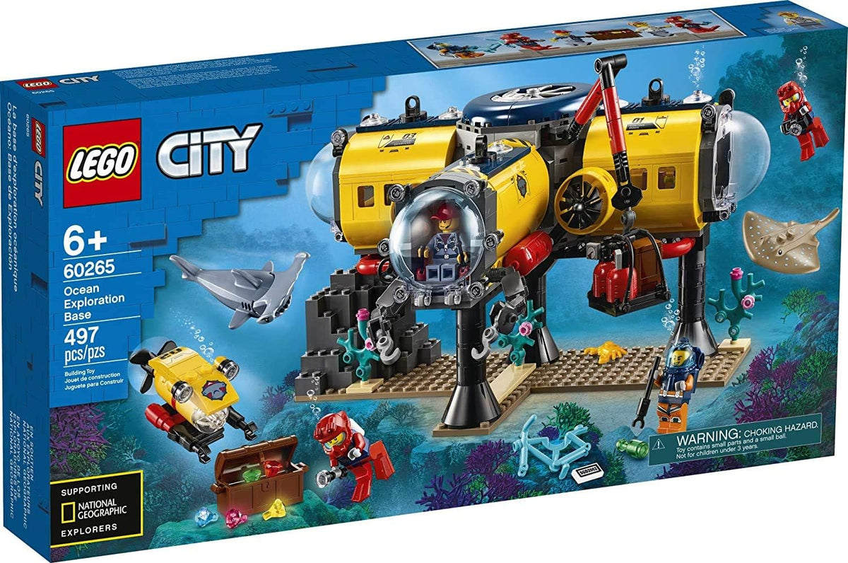 Brick-built ocean research base with submarine, divers and shark figure – view 2