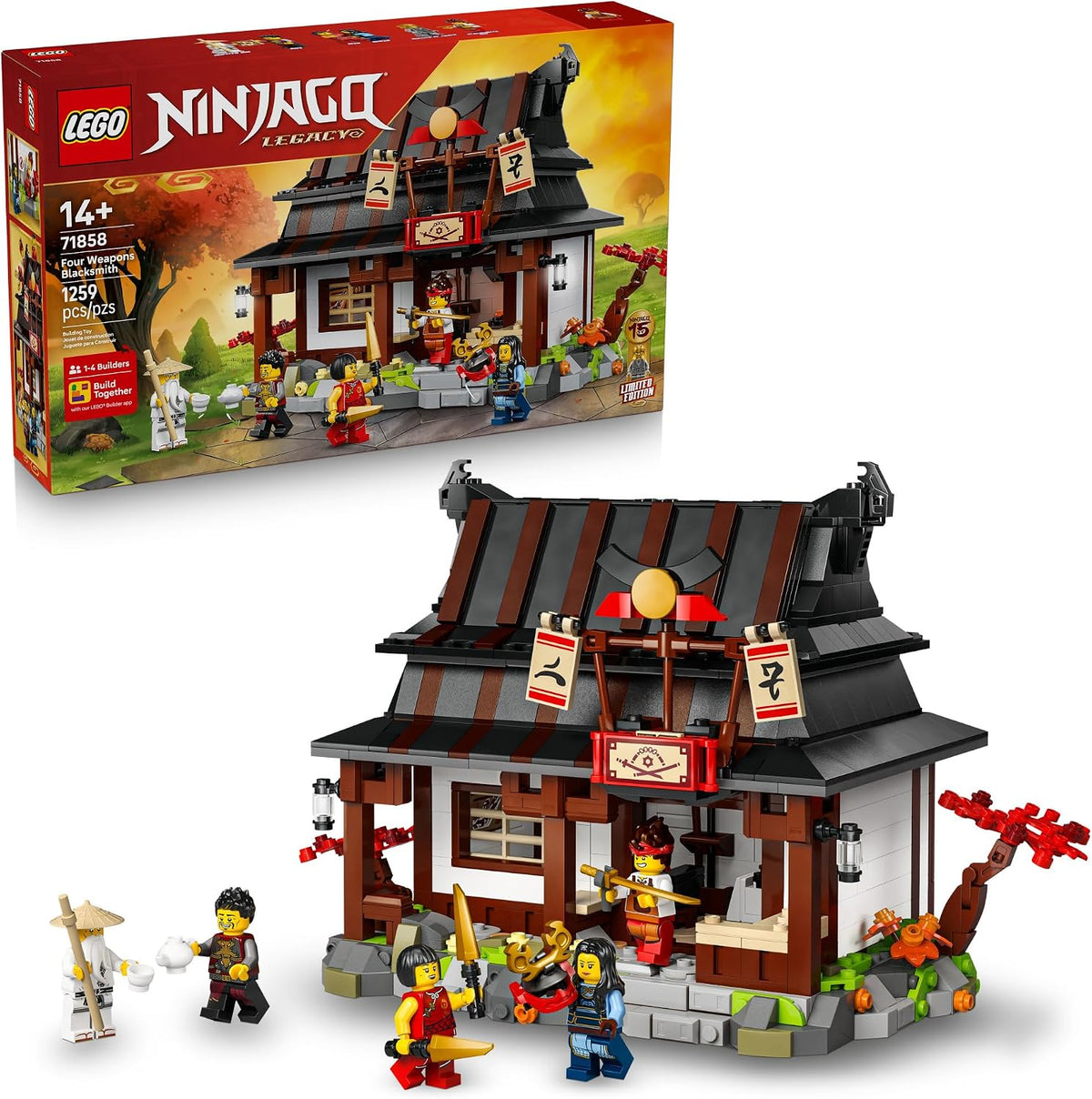 Brick ninja blacksmith shop with open front showing a forge and six minifigures