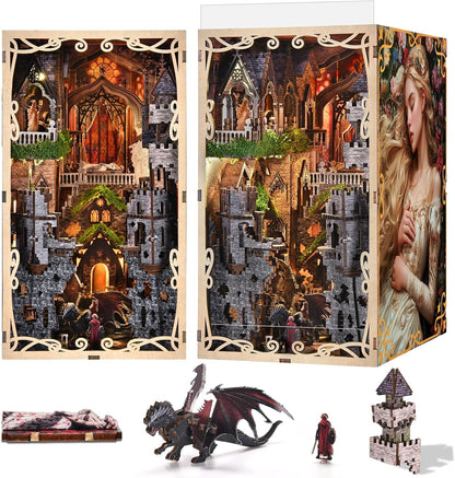 Lit fantasy castle book nook diorama standing between books on a shelf – view 6
