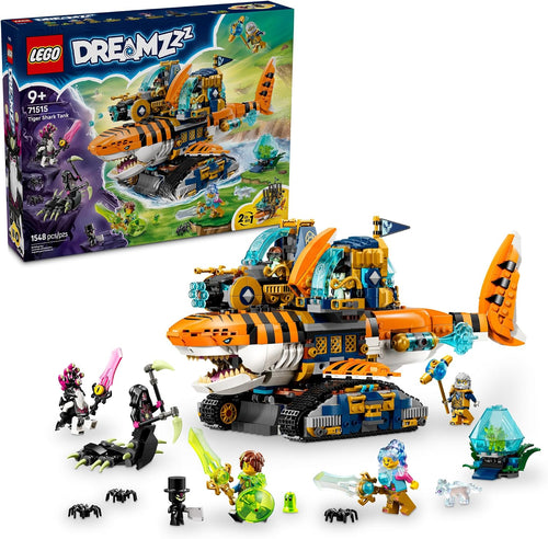 Brick-built tiger shark tank with tail, side pods and fantasy figures