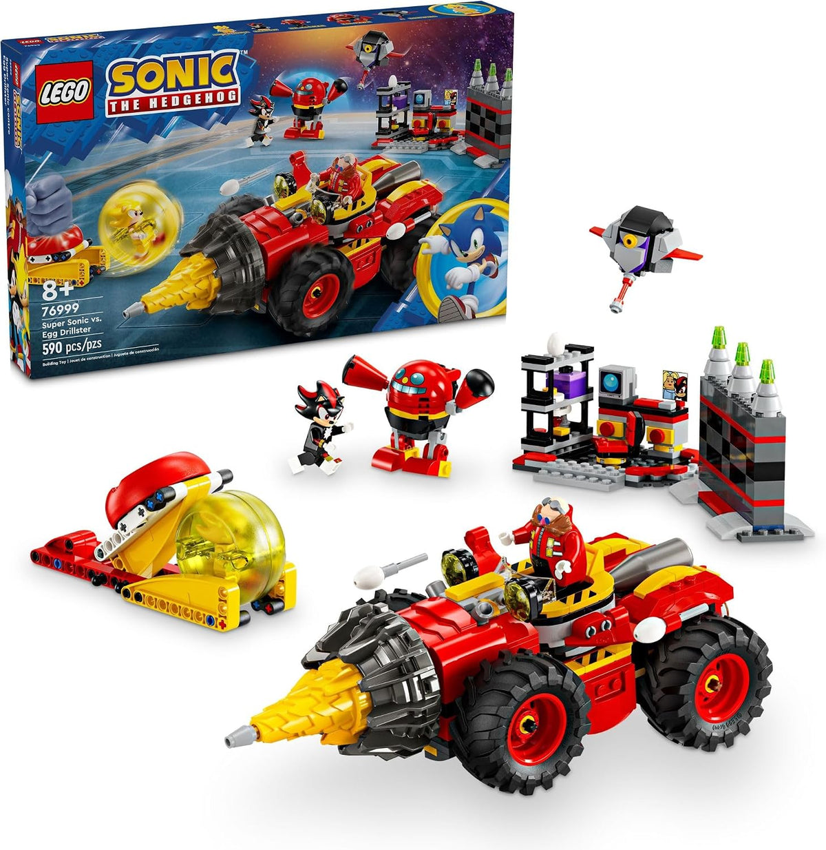 Red villain drill machine brick model breaking a lab wall beside hero figures