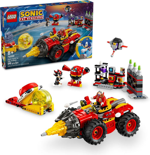 Red villain drill machine brick model breaking a lab wall beside hero figures