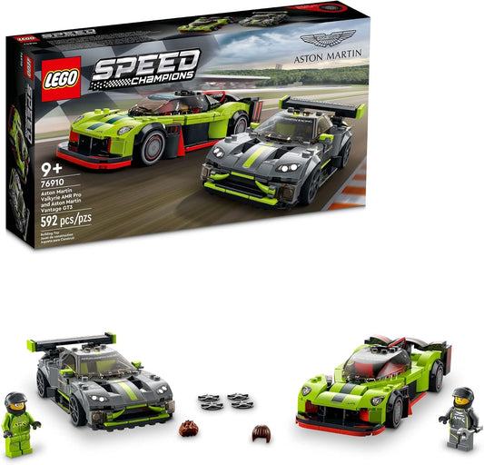 Two brick-built race cars, a low hypercar and a green GT racer, side by side