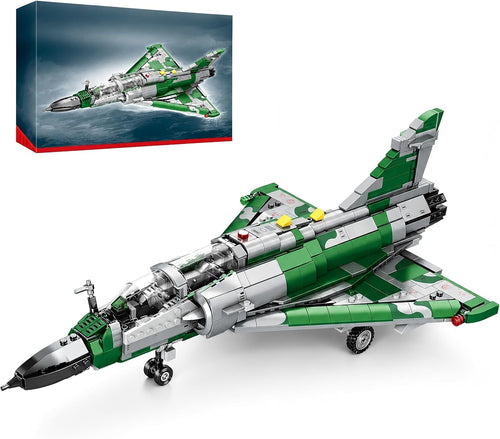 Grey brick-built fighter jet with triangular wings, clear canopy and landing gear