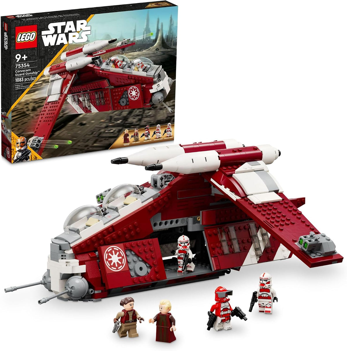 Red and white space gunship brick model with trooper minifigures