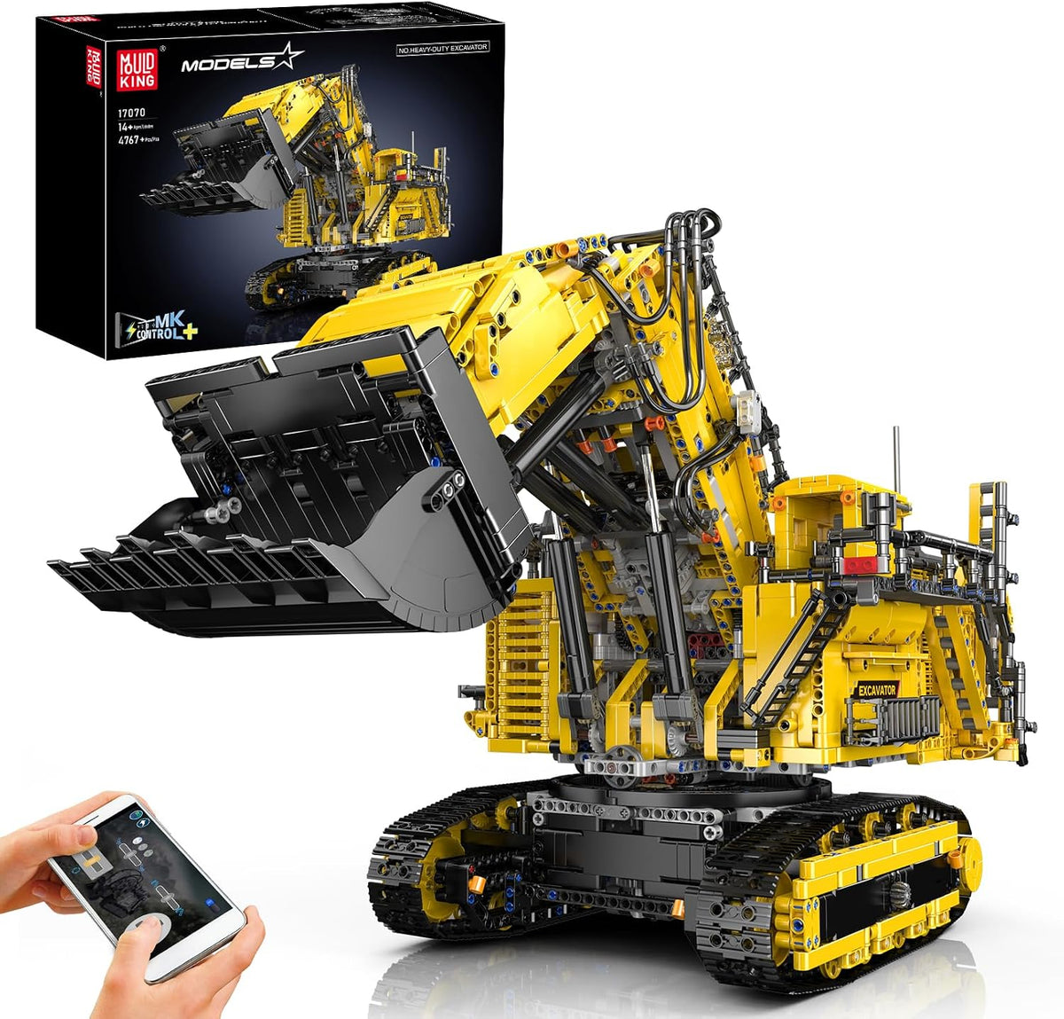 Large yellow brick-built mining excavator with tracks and raised bucket arm