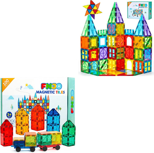 Colorful translucent magnetic tiles built into a tower and a small car