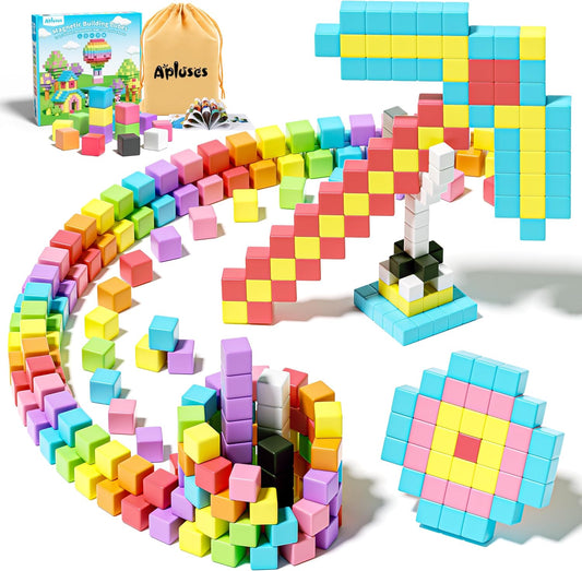 Vibrant magnetic cubes arranged into flat shapes and a 3D tower