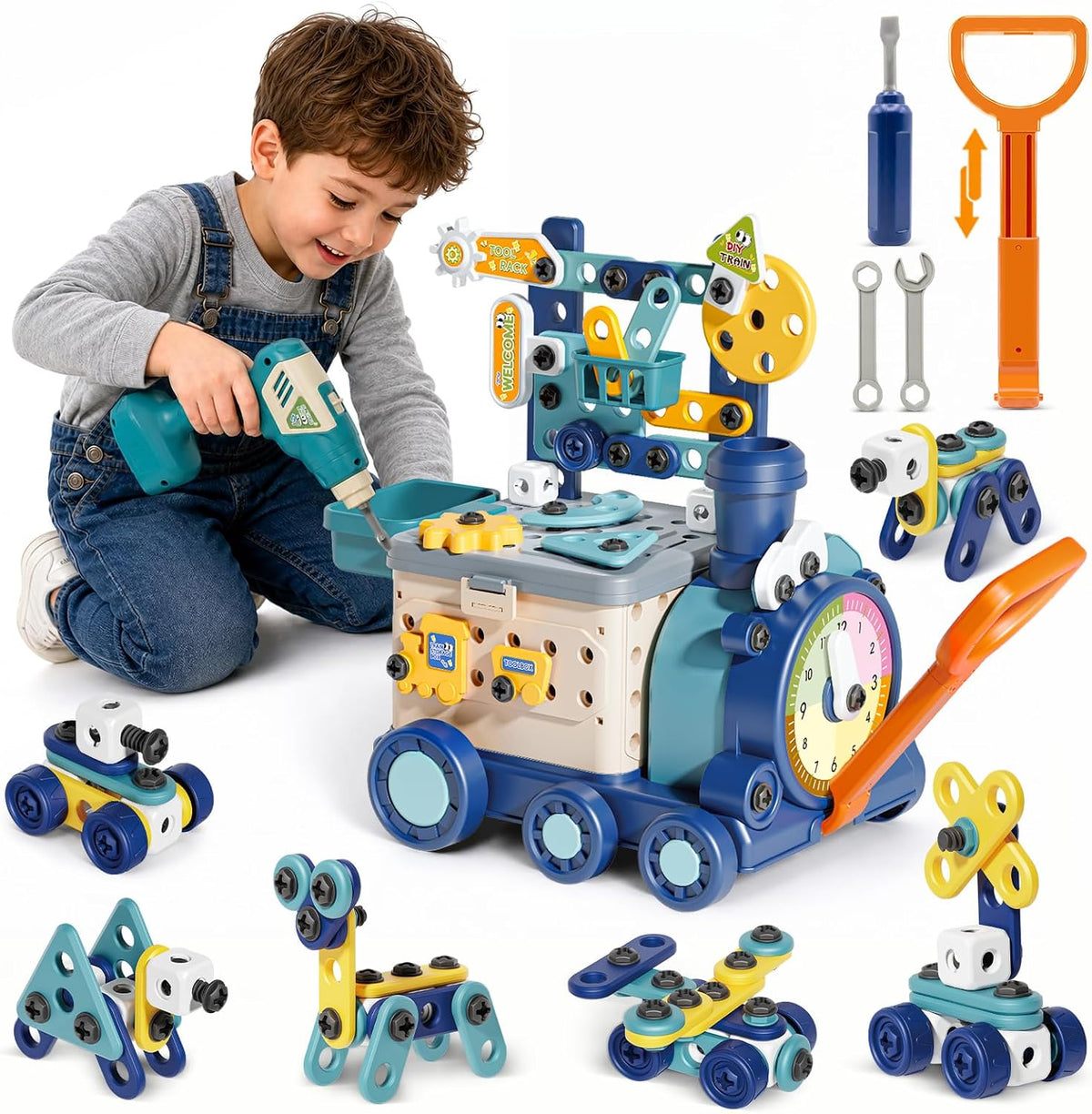 Toy train built with screws and a kids toy drill – view 2