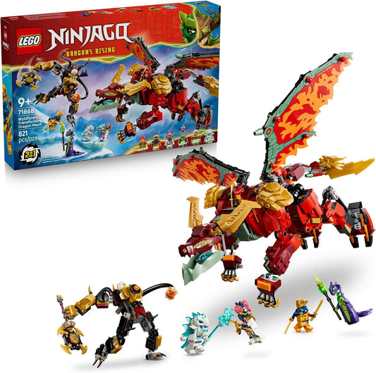 Red and orange brick dragon standing upright as a mech beside ninja figures