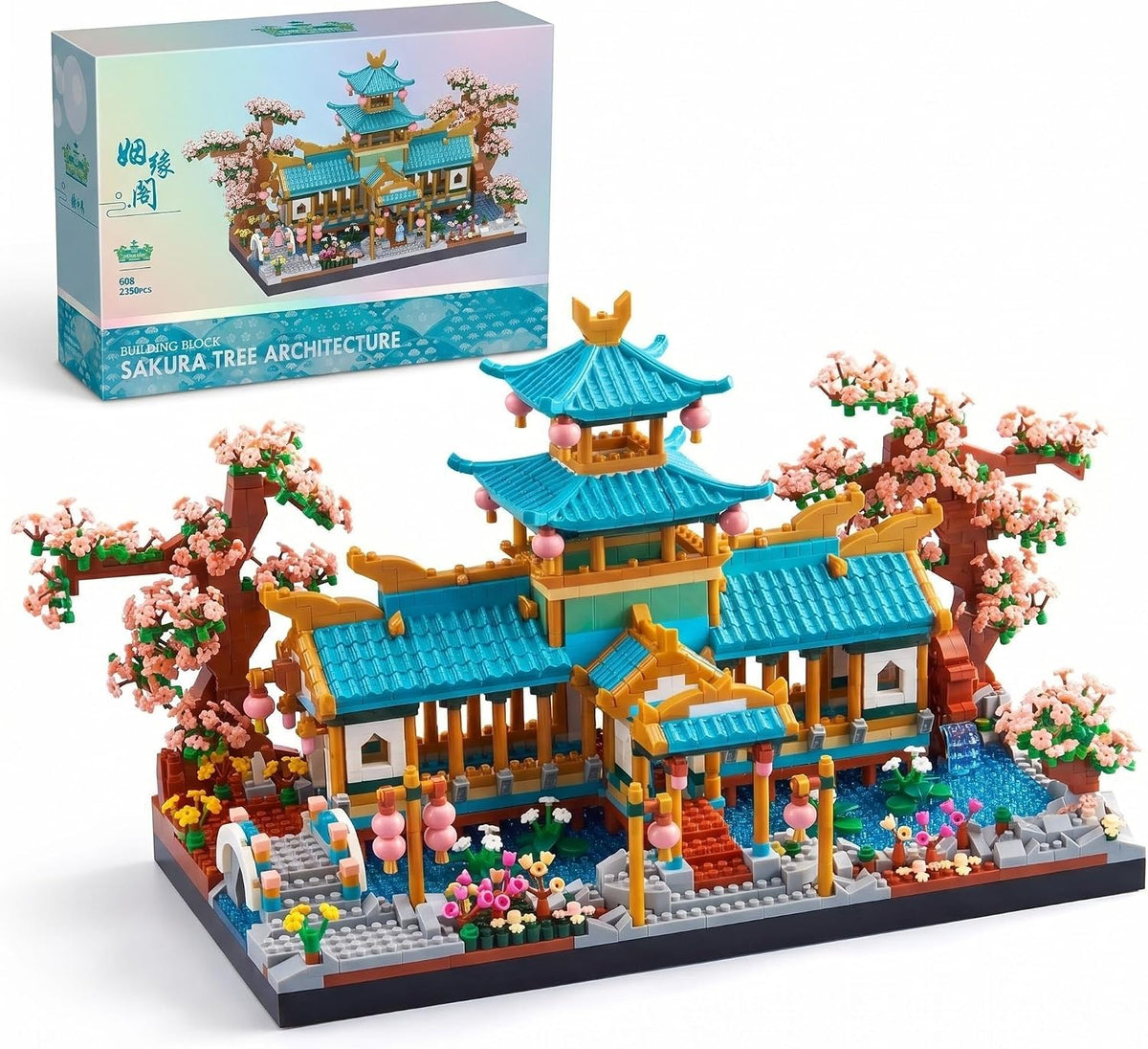 Micro block model of a red-walled Chinese courtyard under a pink blossoming peach tree – view 2