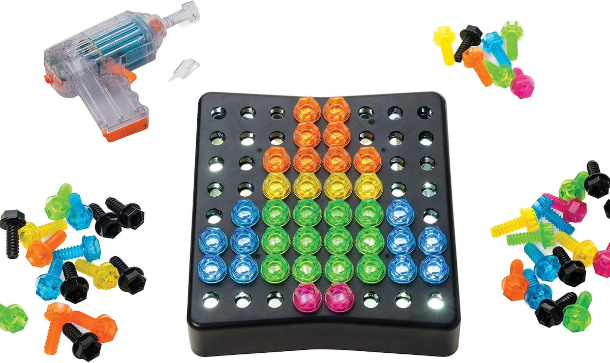 Design and drill activity board with toy drill and pattern pieces