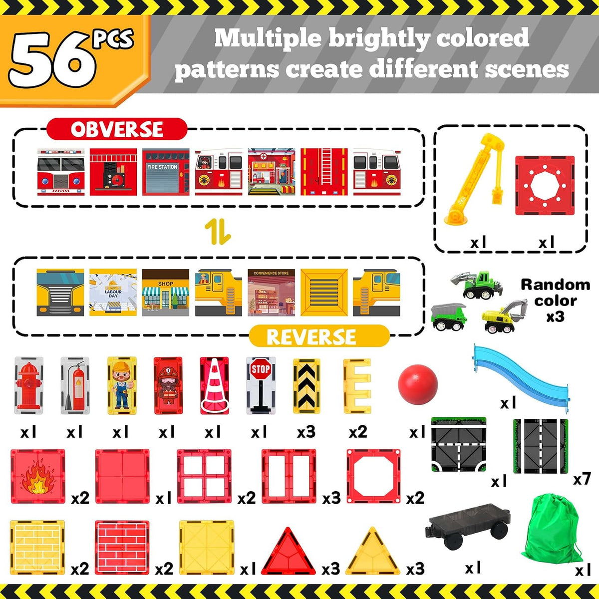 Magnetic tile road with fire truck and rotating crane