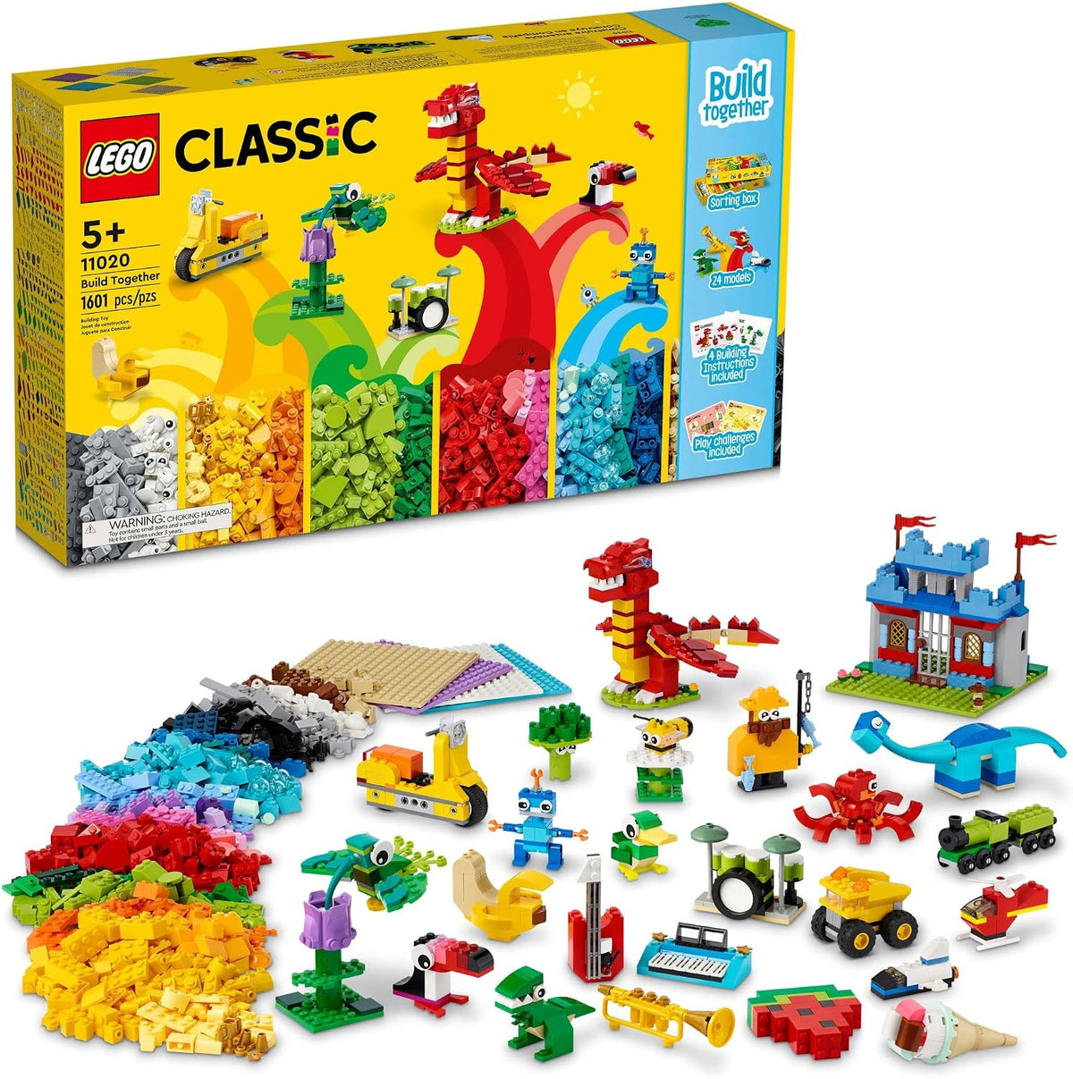 Sorting box of rainbow bricks with several small built models