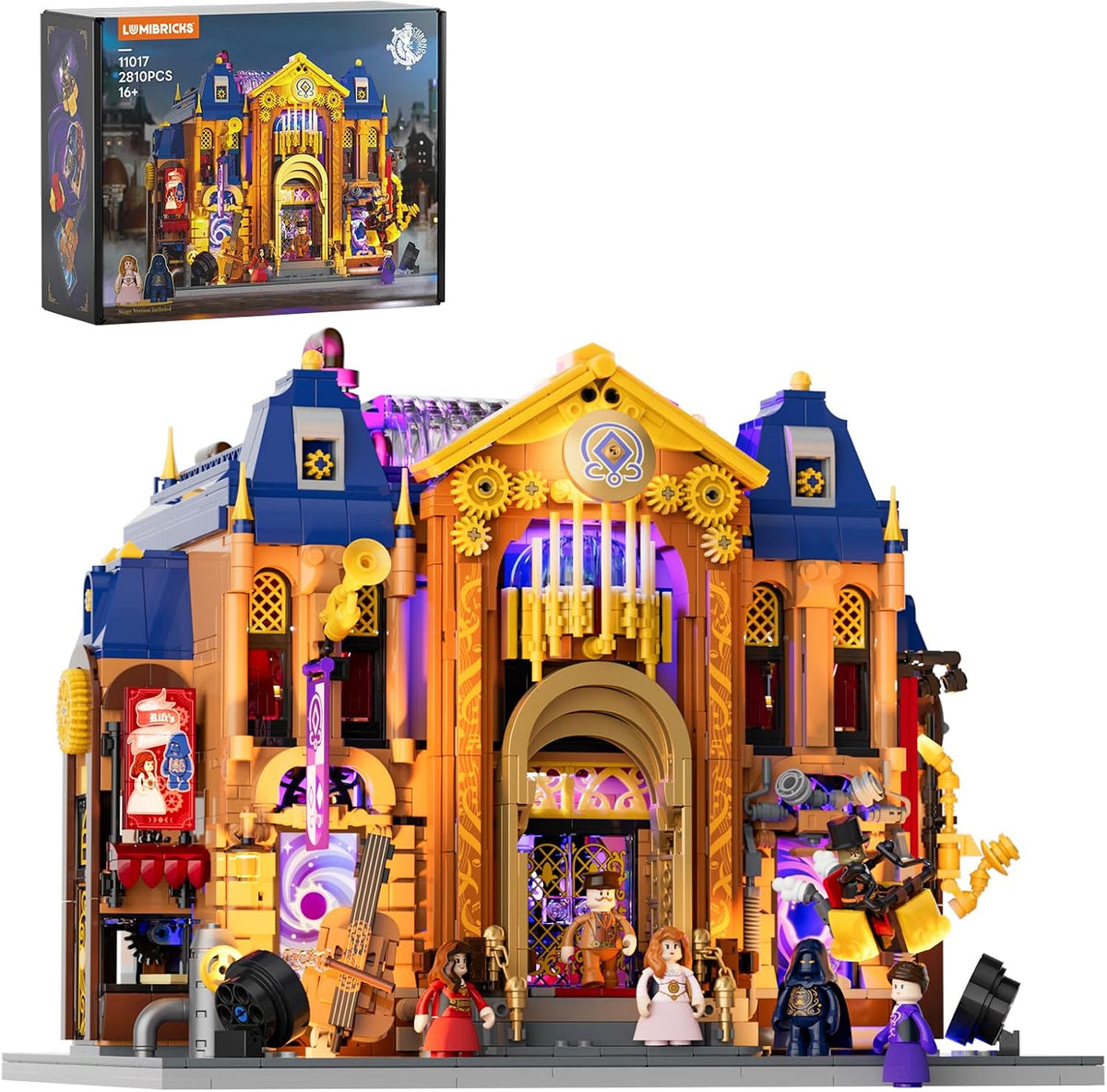 Lit Victorian steampunk opera house brick model with mechanical stage