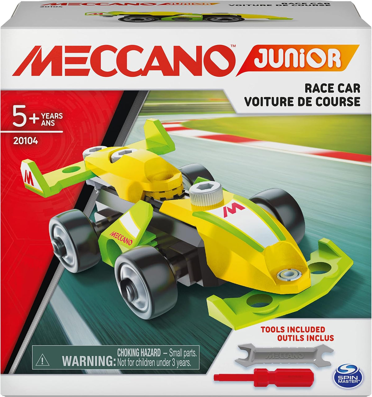 Kid-built nuts-and-bolts race car model with tools and stickers
