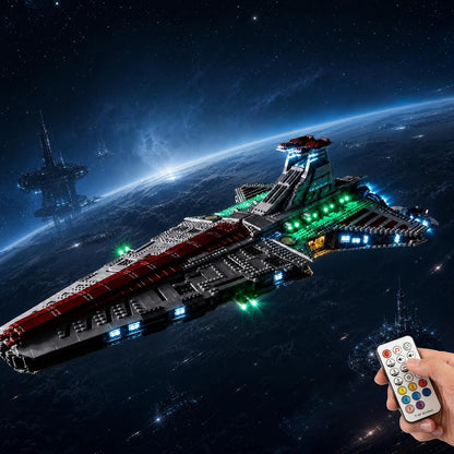 Grey brick-built space attack cruiser glowing with installed LED lights