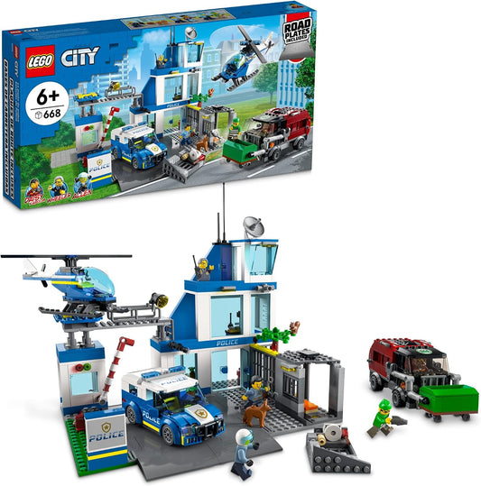 Three-level brick police station with patrol car, helicopter, garbage truck and minifigures