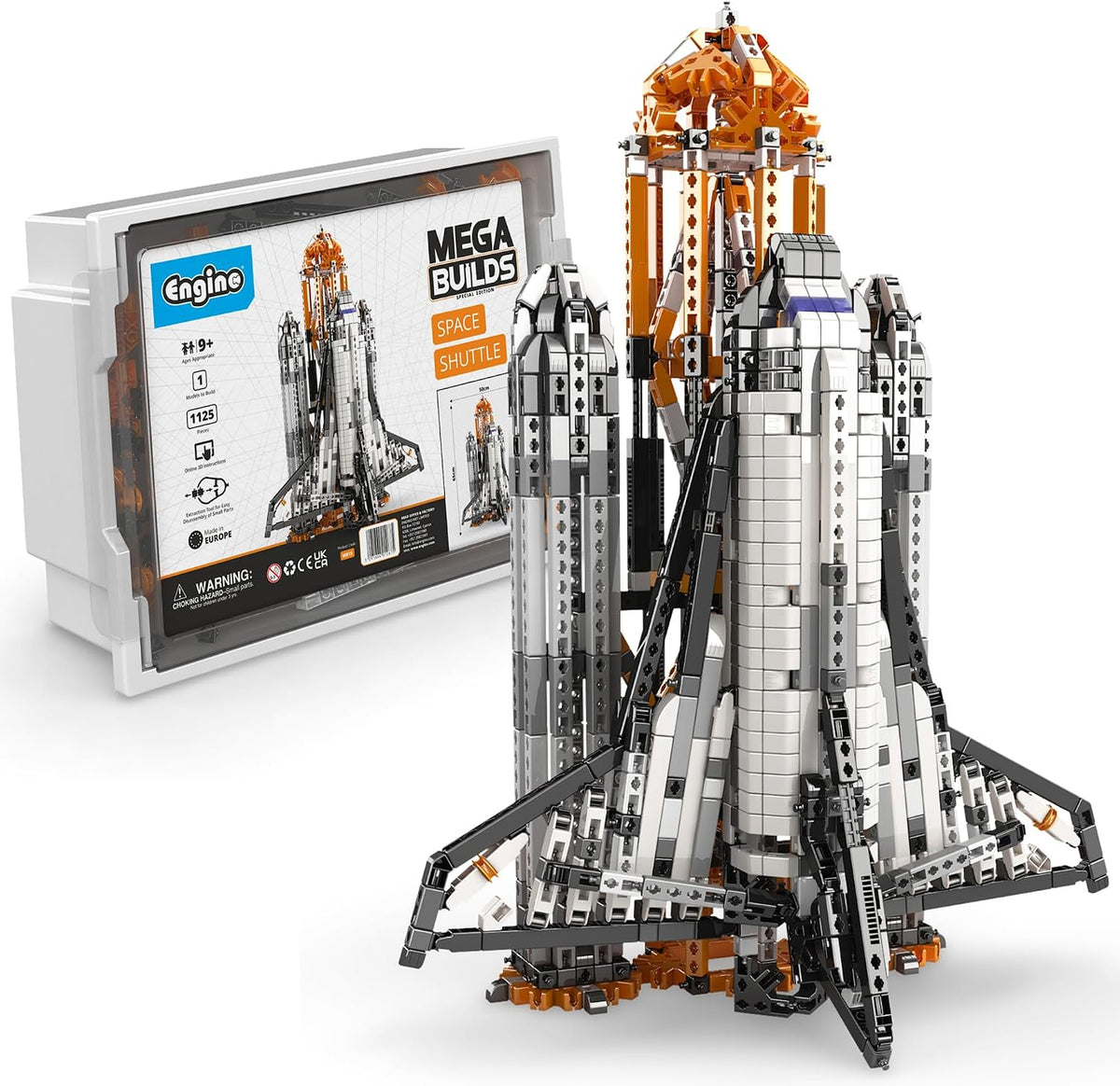 White and black space shuttle model built from snap-fit construction parts
