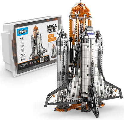 White and black space shuttle model built from snap-fit construction parts