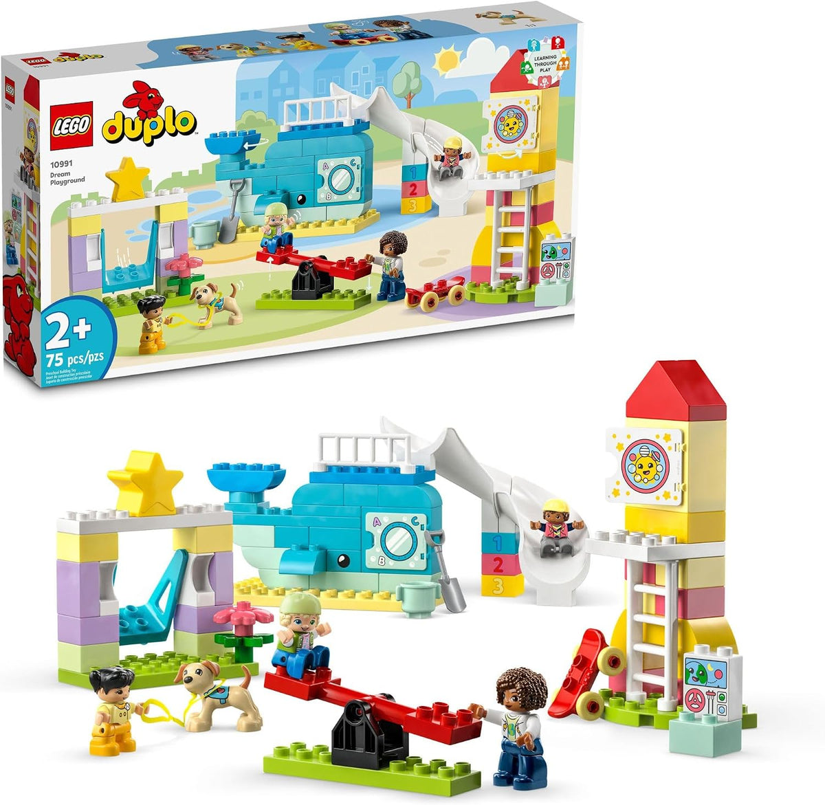 Large toddler brick playground with swing, seesaw, rocket climber and figures