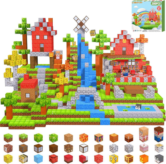 Magnetic cube blocks built into a small scene with trees and a stream
