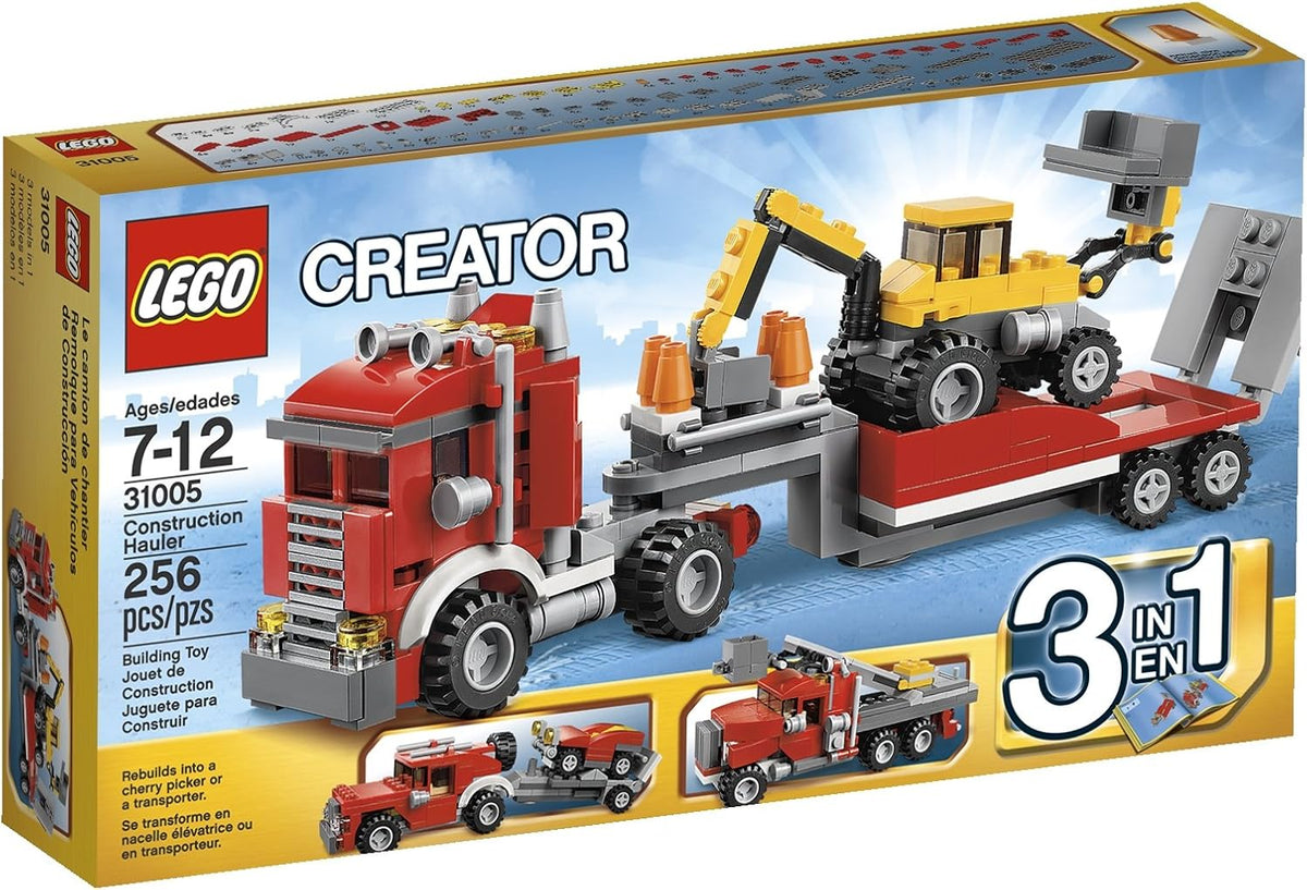 Built construction hauler brick truck with trailer, ramp, cones and yellow digger