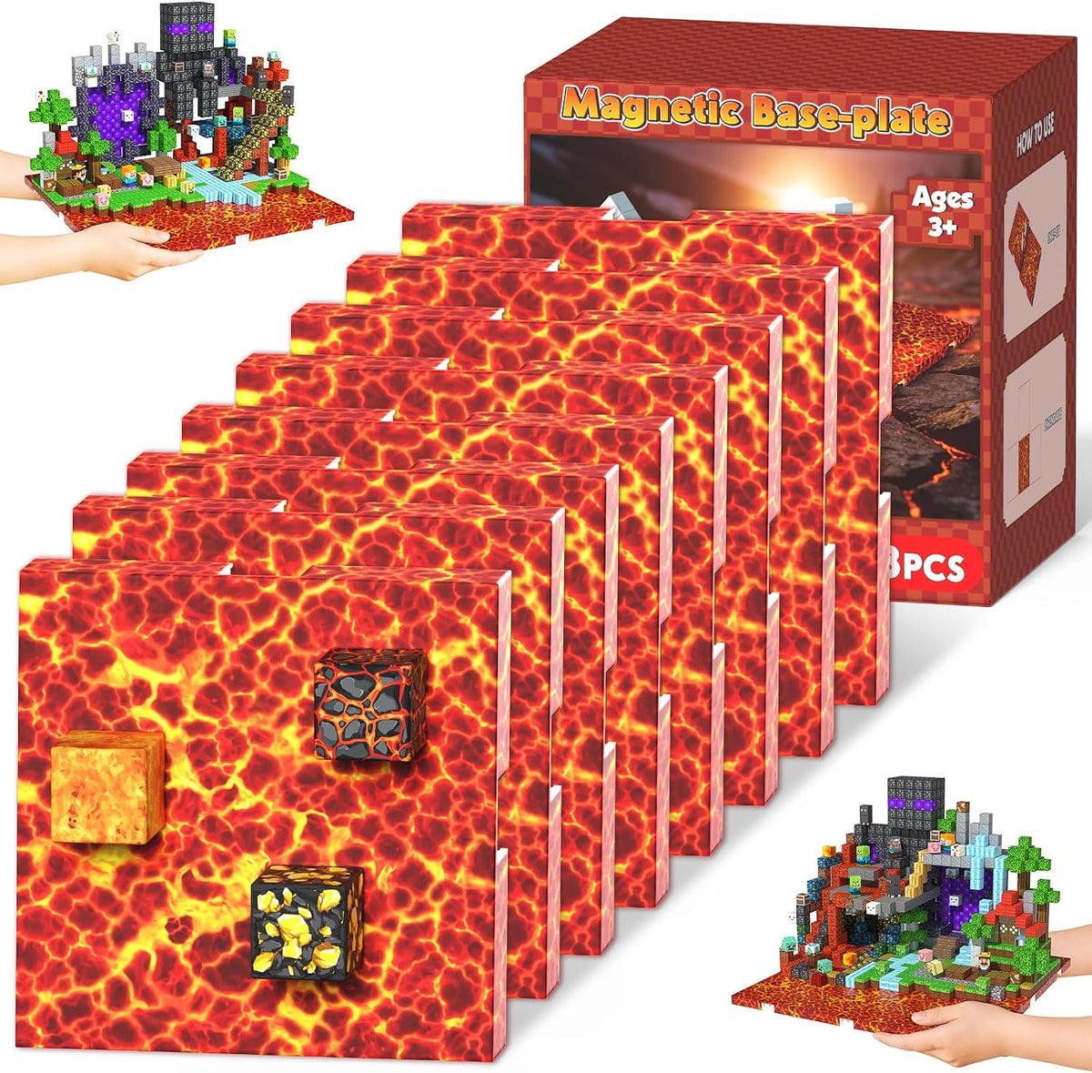 Magnetic cube forest castle with dinosaurs and a glowing orange volcano – view 6