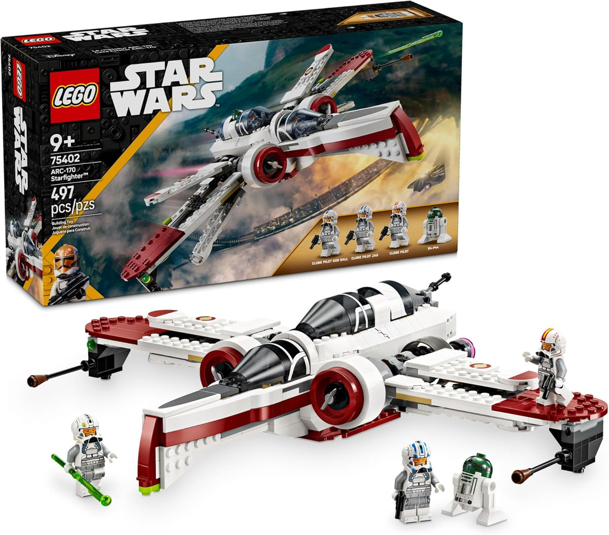 Brick-built starfighter with three open cockpits and pilot minifigures