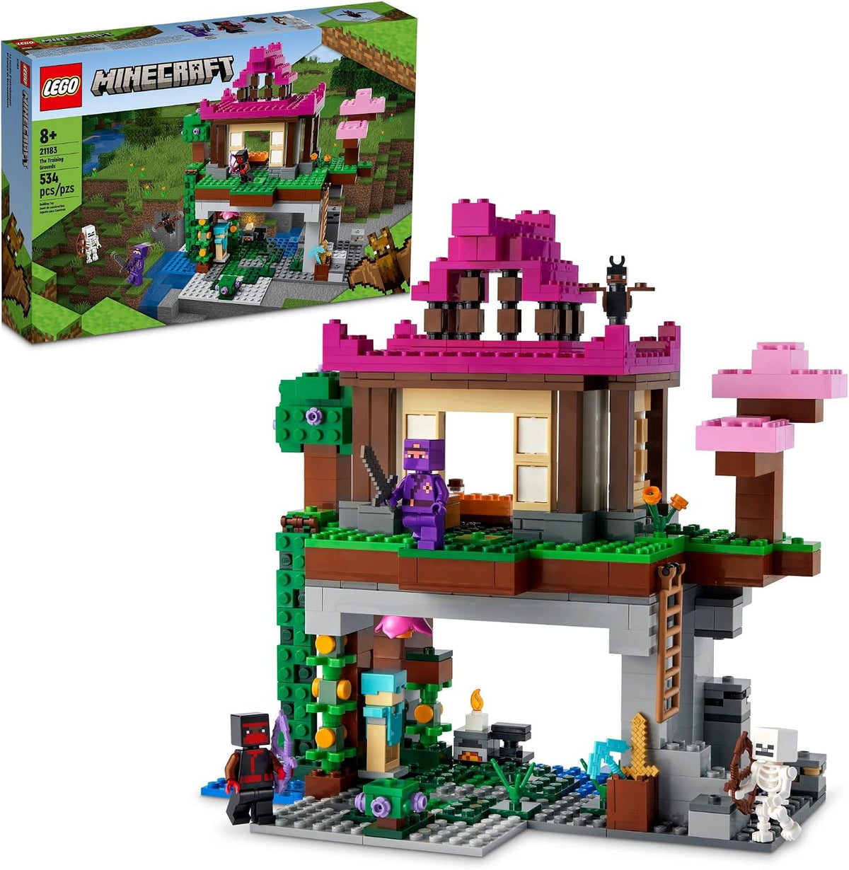 Blocky brick-built dojo on top of a cave forge with small figures