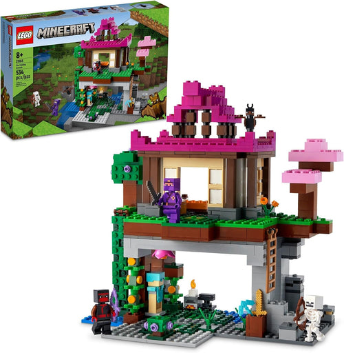 Blocky brick-built dojo on top of a cave forge with small figures