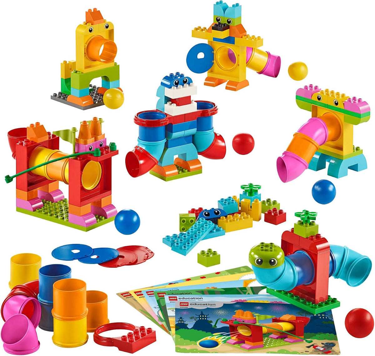 Colorful tube building pieces assembled into a hen and dragon with balls rolling through