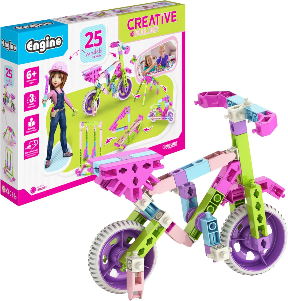 Colorful motorized toy vehicle built from snap construction parts – view 2