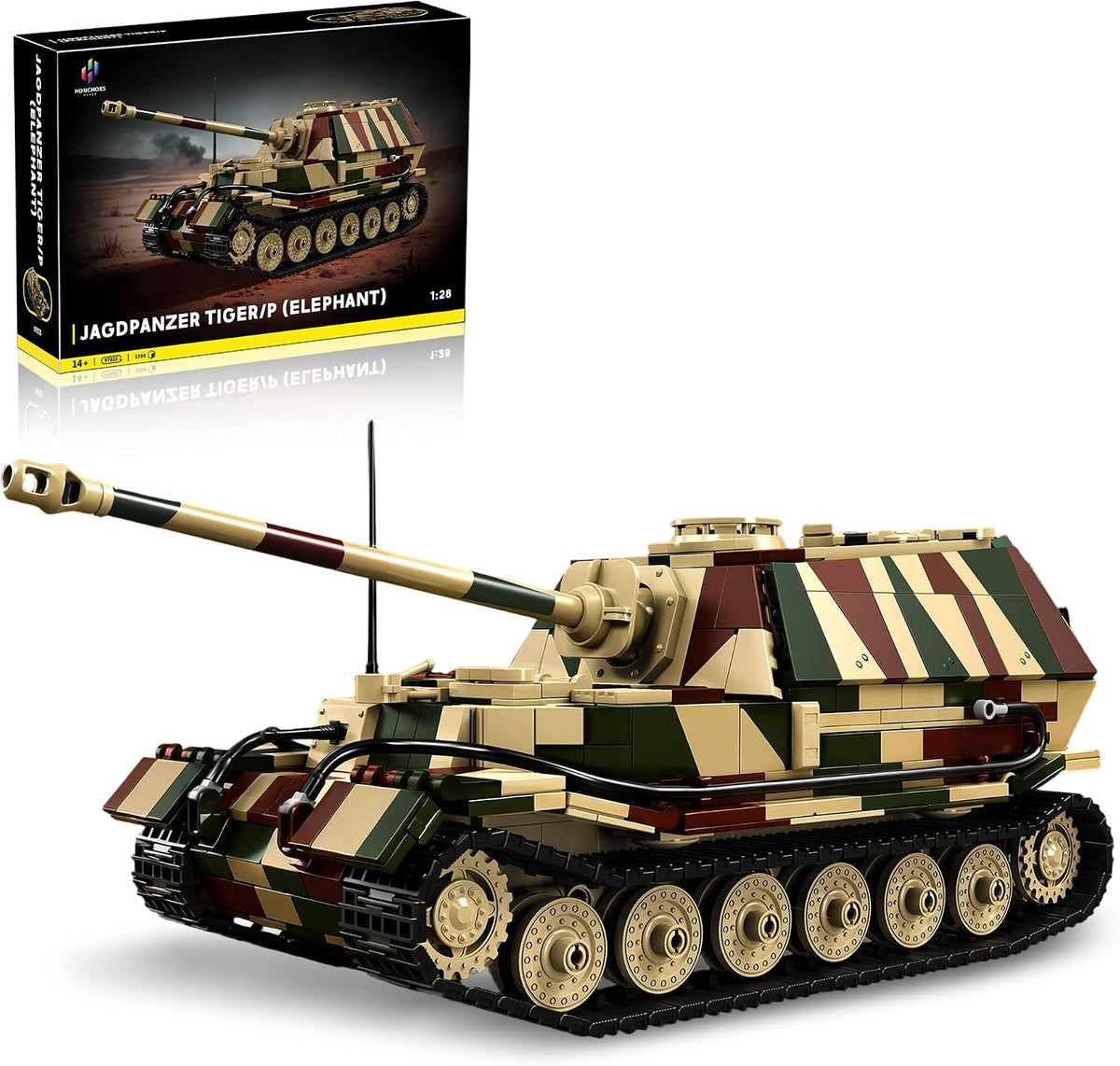 Brick-built 1:28 scale WW2 heavy tank destroyer with long gun and tracked chassis in gray – view 3