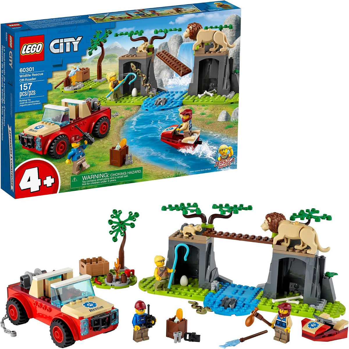 Brick-built green 4x4 rescue off-roader with winch, collapsible bridge, lion and lion cub figures