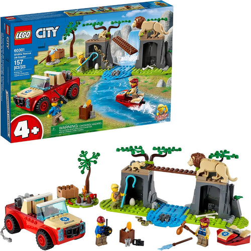 Brick-built green 4x4 rescue off-roader with winch, collapsible bridge, lion and lion cub figures