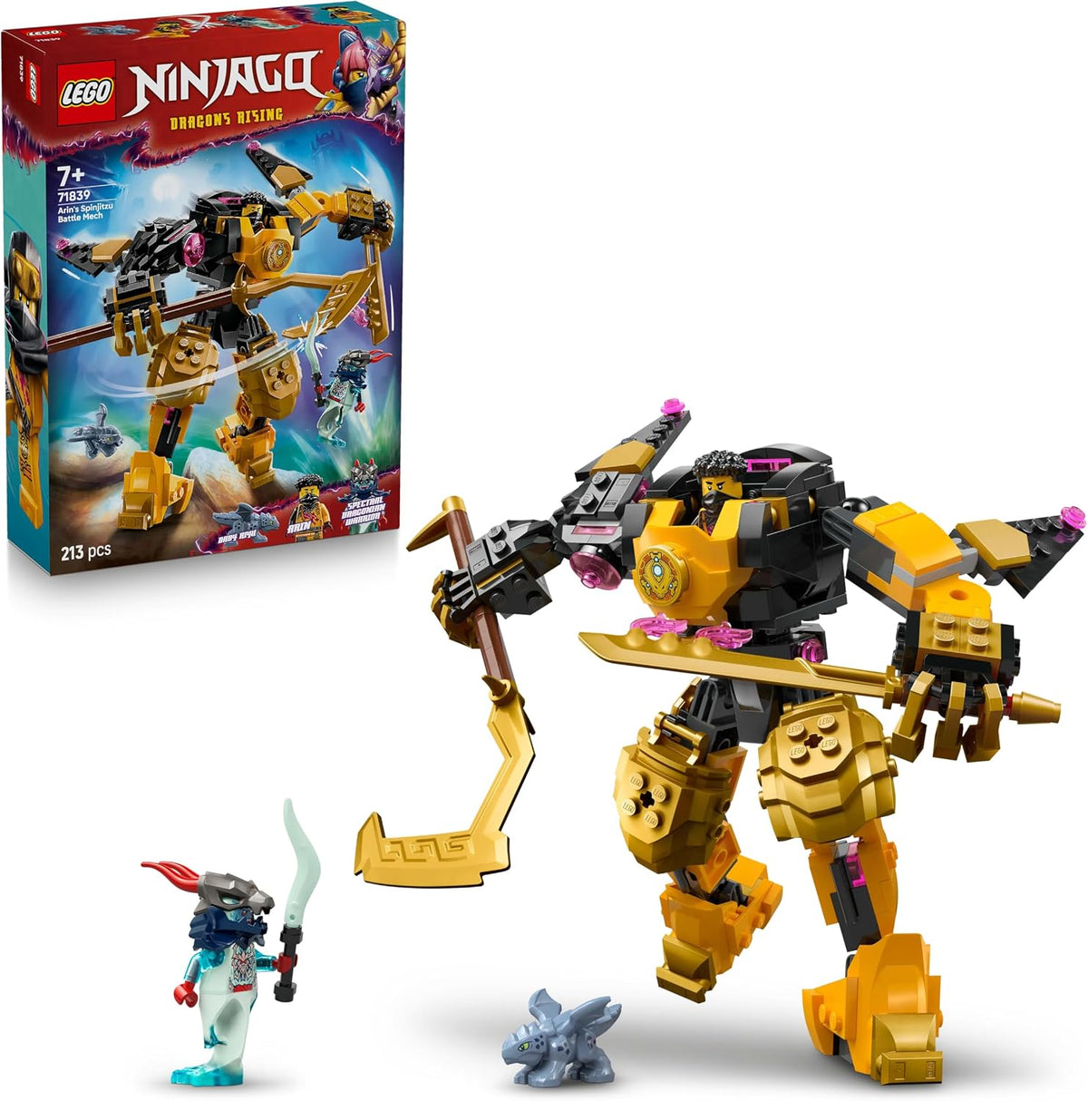 Gold and green brick dragon with spread wings, small temple and four minifigures – view 4