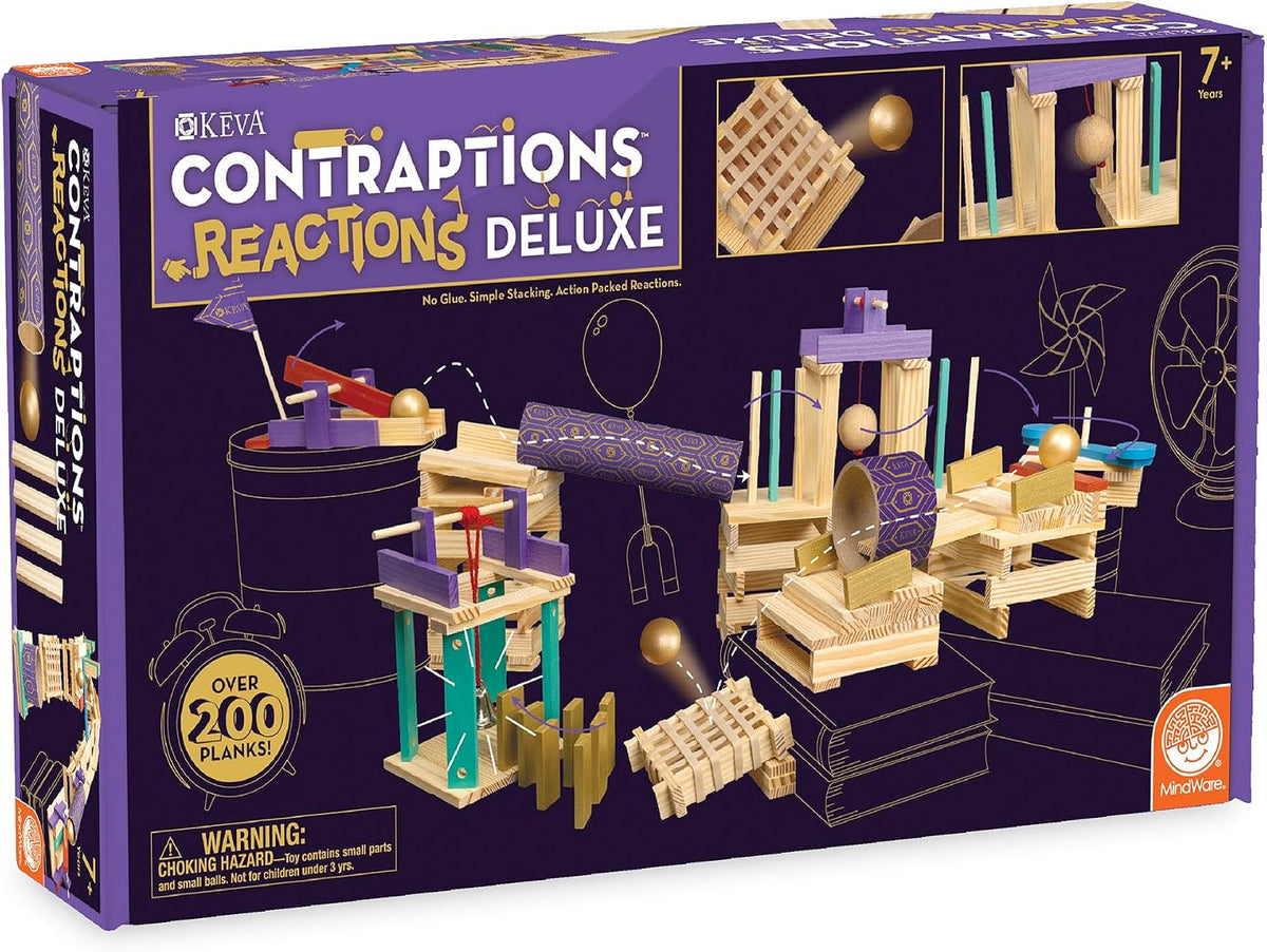 Chain reaction contraption built from construction pieces mid-motion