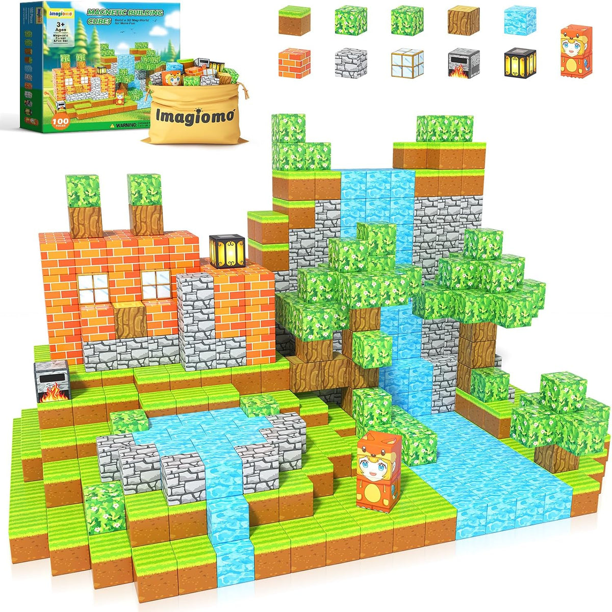 Colorful magnetic building cubes stacked into a tower beside a storage box – view 4