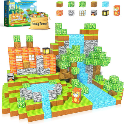 Colorful magnetic building cubes stacked into a tower beside a storage box – view 4
