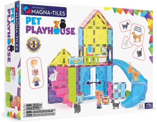 Magnetic tiles built into a colorful pet playhouse