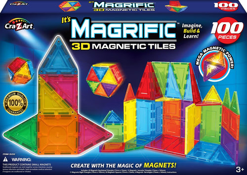 Colorful magnetic tiles built into a 3D tower with triangle roof