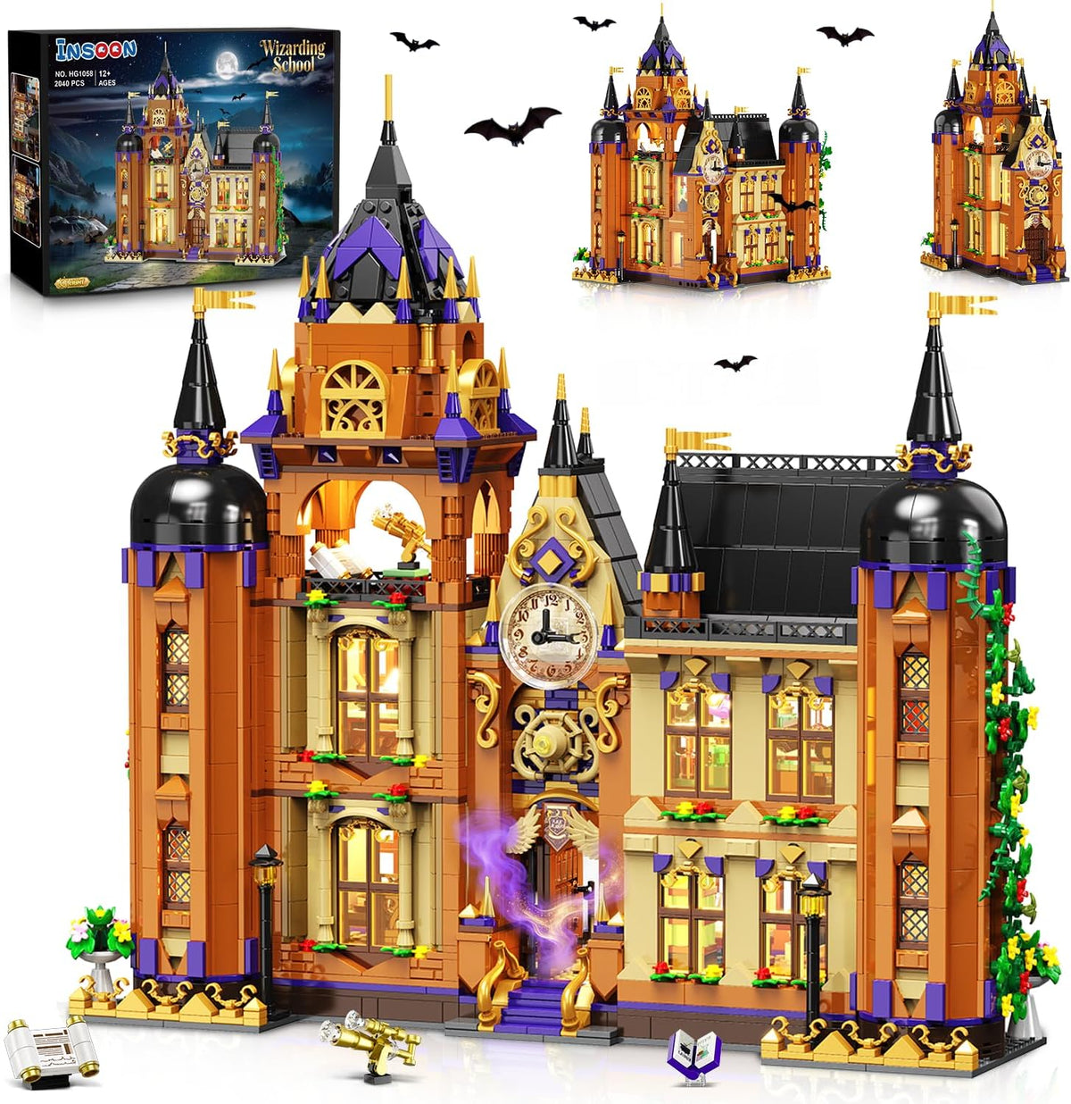Brick-built magic school with clock tower, spires and glowing windows
