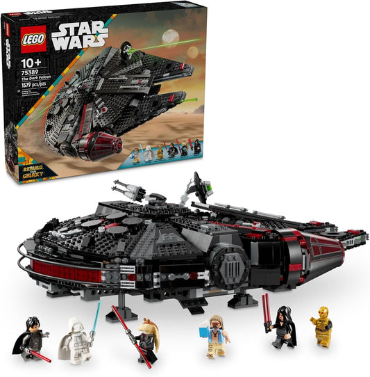 Dark space freighter brick model with open top panels and minifigures