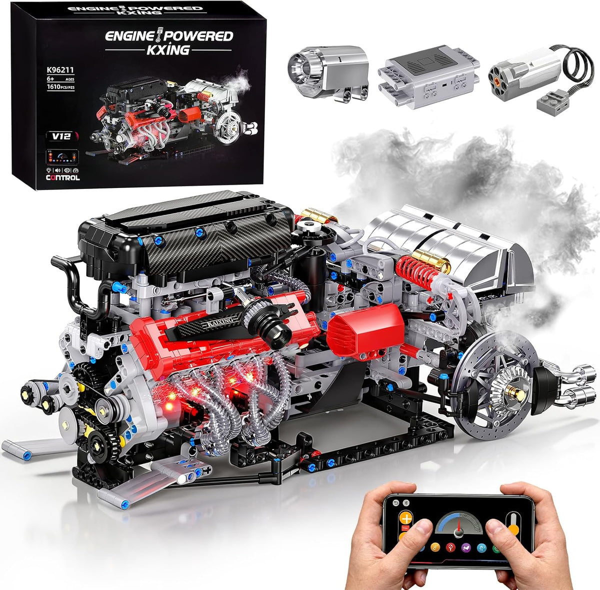 Brick-built V12 engine model with pistons and motor