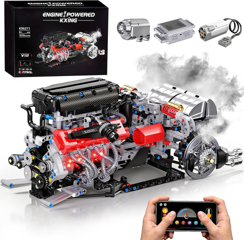 Brick-built V12 engine model with pistons and motor