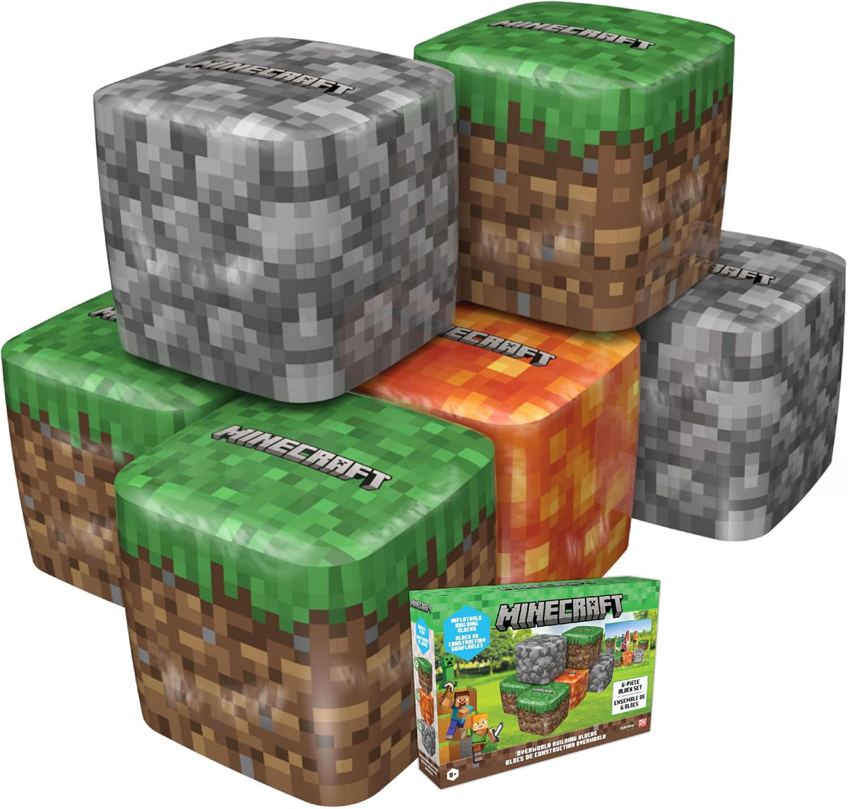 6 giant inflatable pixel-pattern cubes in grass, dirt and stone designs stacked outdoors