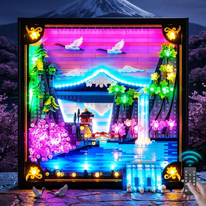 Japanese cherry blossom brick landscape glowing pink under colorful LED lights